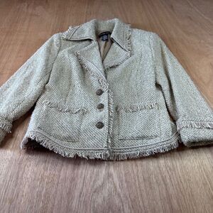 New York & Co Tweed Blazer Fringe Trim Beige Wool Blend Size 8